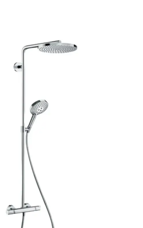 Hansgrohe Duschsystem mit einer oberen Regendusche und Handbrause, montiert an einer vertikalen Stange. Thermostat unterhalb zur Temperaturregelung.